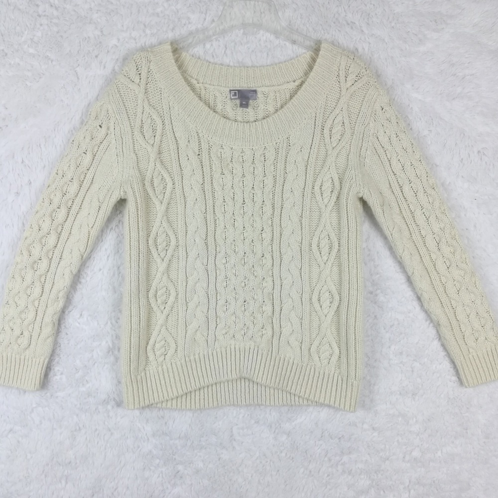 JCP Sweater Womens Cable Knit Ivory Glitter Pullover Scoop Neck Wool Blend XL